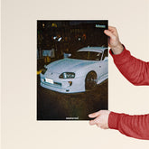 Dripster JDM Supra poster showing a white Toyota Supra car at night with McDonalds sign in background